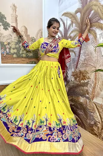 lemon Embroidered Rayon Full Stitched with Flared Lehenga Choli