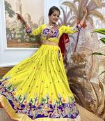 lemon Embroidered Rayon Full Stitched with Flared Lehenga Choli