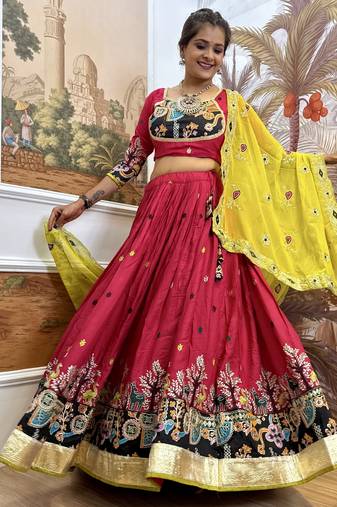 rani pink Embroidered Rayon Full Stitched with Flared Lehenga Choli