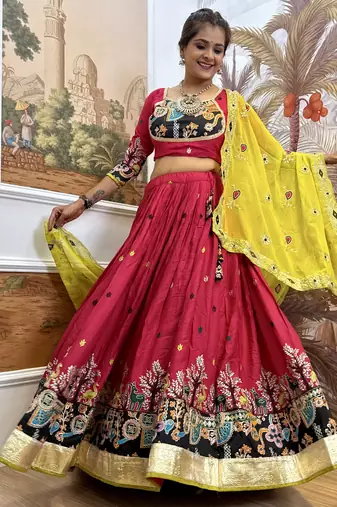 rani pink Embroidered Rayon Full Stitched with Flared Lehenga Choli