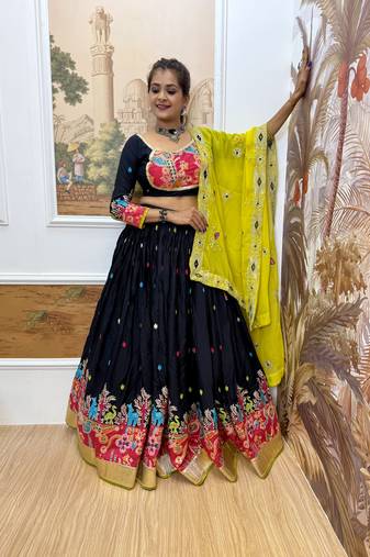 navy blue Embroidered Rayon Full Stitched with Flared Lehenga Choli