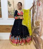 navy blue Embroidered Rayon Full Stitched with Flared Lehenga Choli