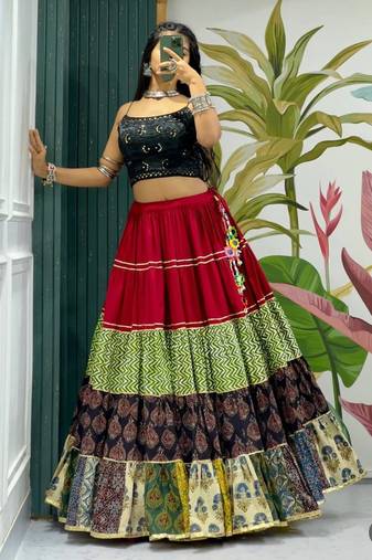 multicolor Embroidered Pure Cotton Full Stitched with Flared Lehenga Choli