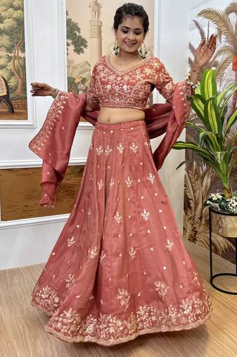 dark orange Embroidered Shimmer Full Stitched with Flared Lehenga Choli