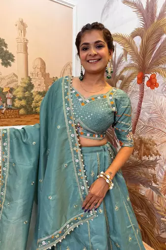 sky blue Embroidered Shimmer Full Stitched with Flared Lehenga Choli