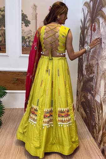 lemon Embroidered Rayon Full Stitched with Flared Lehenga Choli