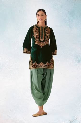 Green embroidered velvet semi stitched patiyala suit
