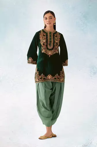 Green embroidered velvet semi stitched patiyala suit