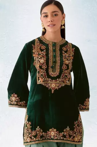 Green embroidered velvet patiyala suit