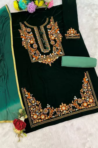 Green embroidered velvet patiyala suit