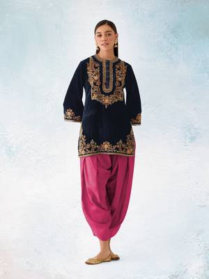 Blue embroidered velvet patiyala suit 1