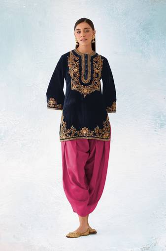 Blue embroidered velvet semi stitched patiyala suit