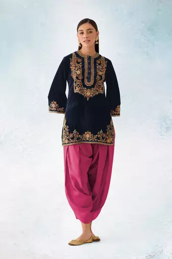 Blue embroidered velvet semi stitched patiyala suit
