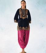 Blue embroidered velvet semi stitched patiyala suit