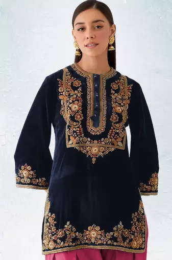 Blue embroidered velvet patiyala suit