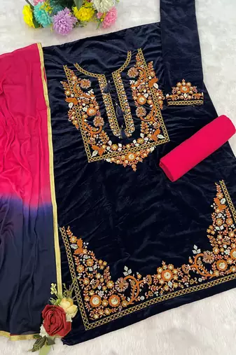 Blue embroidered velvet patiyala suit