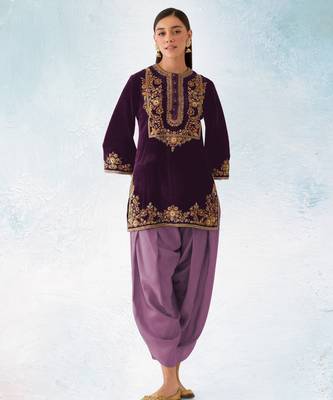 Purple embroidered velvet patiyala suit 1