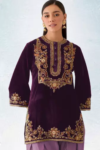 Purple embroidered velvet patiyala suit