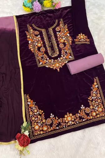 Purple embroidered velvet patiyala suit