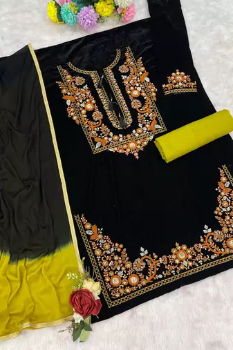 Black embroidered velvet patiyala suit