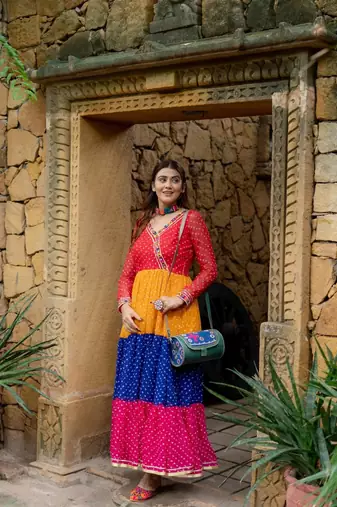 Women Gorgeous Bandhani Printed Faux Georgette Fabric Flared Gown