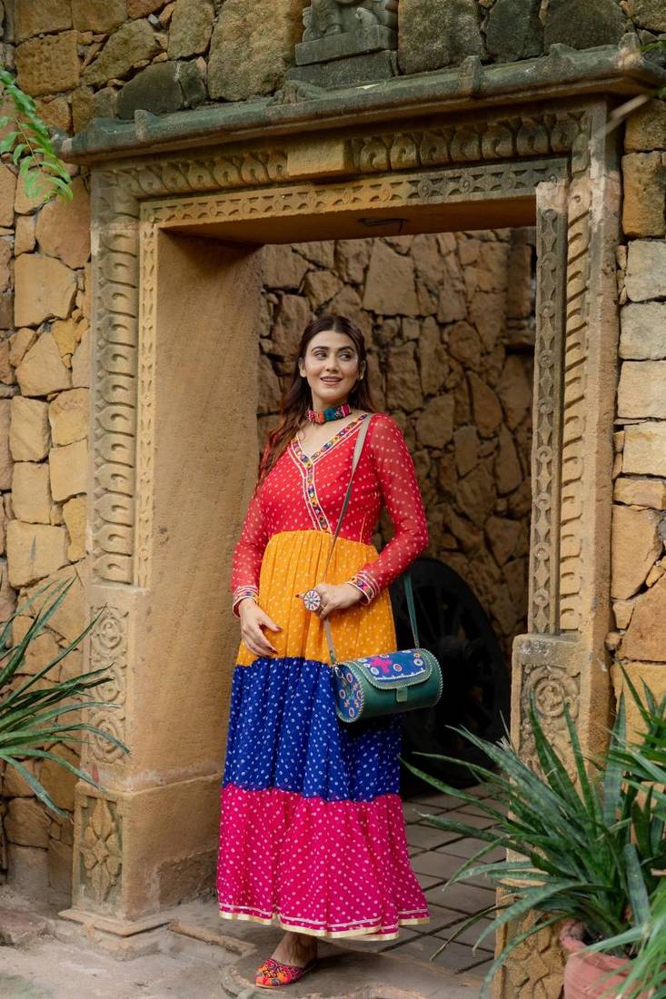 Women Gorgeous Bandhani Printed Faux Georgette Fabric Flared Gown