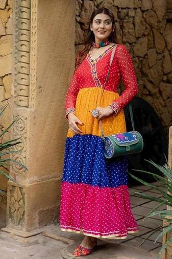 Women Gorgeous Bandhani Printed Faux Georgette Fabric Flared Gown