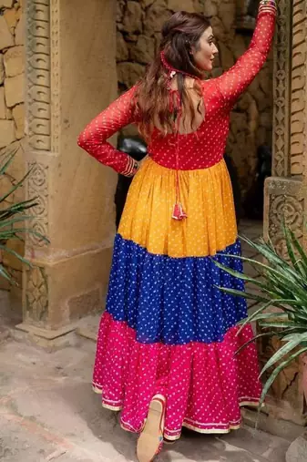 Women  Bandhani Printed Faux Georgette Flared Gown