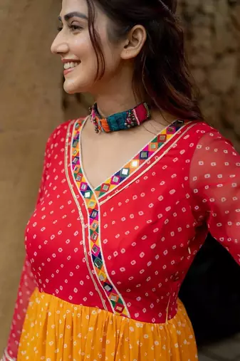 Women  Bandhani Printed Faux Georgette Flared Gown