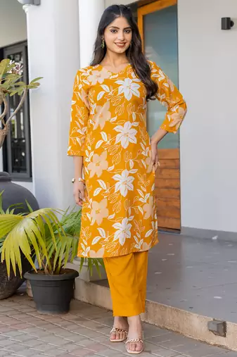  Women's Cotton Blend Floral Straight Printed Kurta Pant With Dupatta | kurta sets for woman