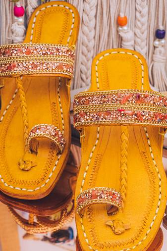 Yellow printed leather kolhapuris