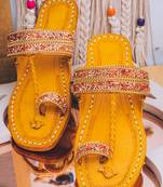 Yellow printed leather kolhapuris