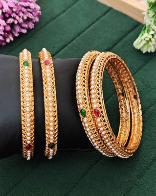 4 pc designer gold finish bangles set, pearl inlay with ruby & emerald stones 1