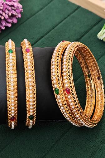 4 pc designer gold finish bangles set, pearl inlay with ruby & emerald stones