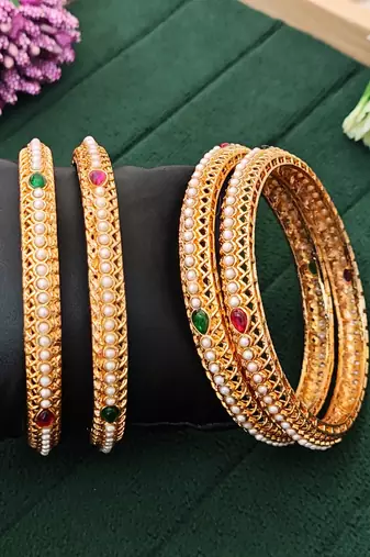 4 pc designer gold finish bangles set, pearl inlay with ruby & emerald stones