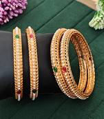 4 pc designer gold finish bangles set, pearl inlay with ruby & emerald stones