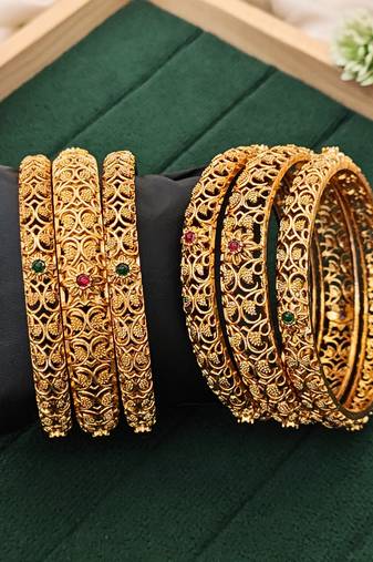 Royal antique finish bangles set, floral filigree design with ruby & emerald accents 6 pcs set