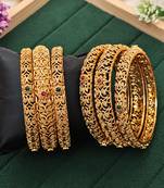 Royal antique finish bangles set, floral filigree design with ruby & emerald accents 6 pcs set