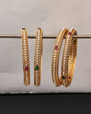 4 pc designer gold finish bangles set, pearl inlay with ruby & emerald stones 3