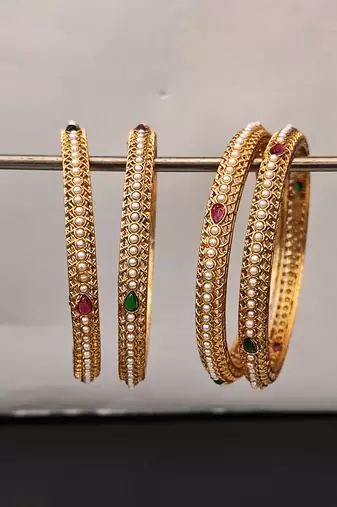 4 pc designer gold finish bangles set, pearl inlay with ruby & emerald stones