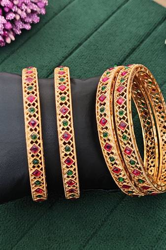 High gold polish bangles set with ruby & green stones, traditional ethnic jewelry for women 4 pcs set