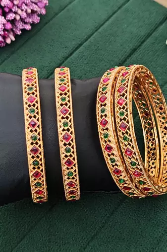 High gold polish bangles set with ruby & green stones, traditional ethnic jewelry for women 4 pcs set