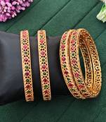 High gold polish bangles set with ruby & green stones, traditional ethnic jewelry for women 4 pcs set