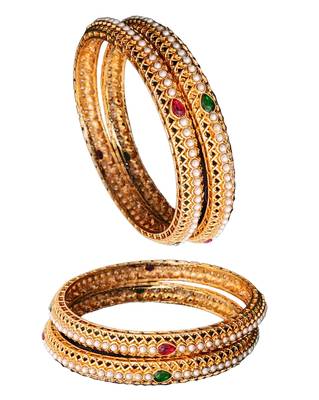 4 pc designer gold finish bangles set, pearl inlay with ruby & emerald stones 4