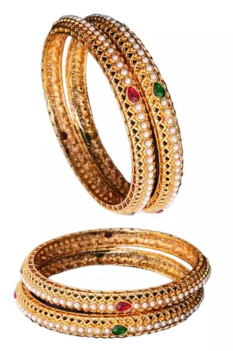 4 pc designer gold finish bangles set, pearl inlay with ruby & emerald stones
