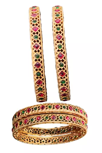 gold plated alloy bangles set with ruby green stones