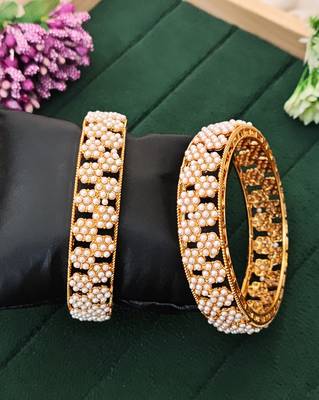 Elegant pearl studded bangles set, high gold polish bridal bangles, traditional ethnic jewelry for women 2 pcs set 1