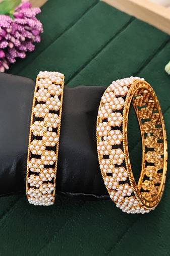 Elegant pearl studded bangles set, high gold polish bridal bangles, traditional ethnic jewelry for women 2 pcs set
