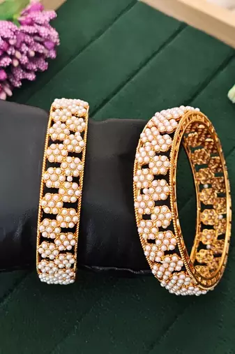 Elegant pearl studded bangles set, high gold polish bridal bangles, traditional ethnic jewelry for women 2 pcs set