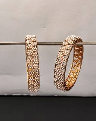 Elegant pearl studded bangles set, high gold polish bridal bangles, traditional ethnic jewelry for women 2 pcs set 3